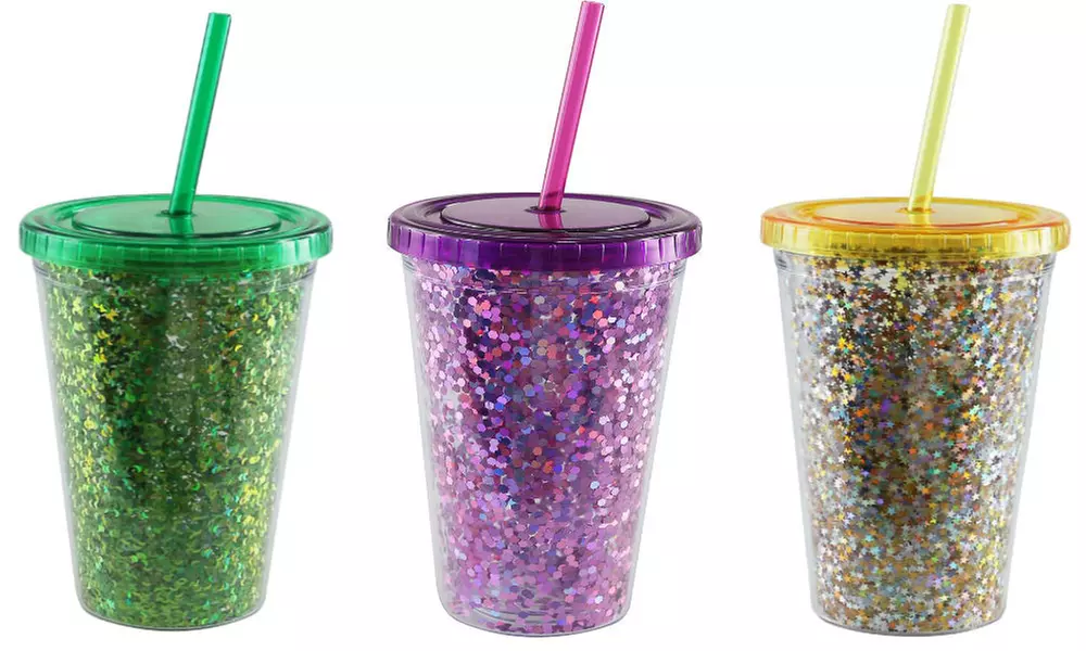 16-ounce Double Wall Glitter Tumbler with Straw - Primary Image