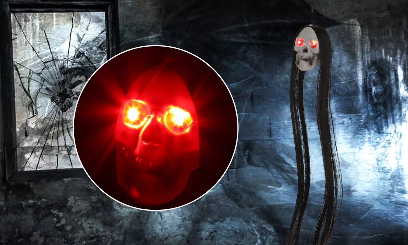 20" Halloween Hanging Ghost LED Glowing Eyes Halloween Prop Skull Scray Hair
