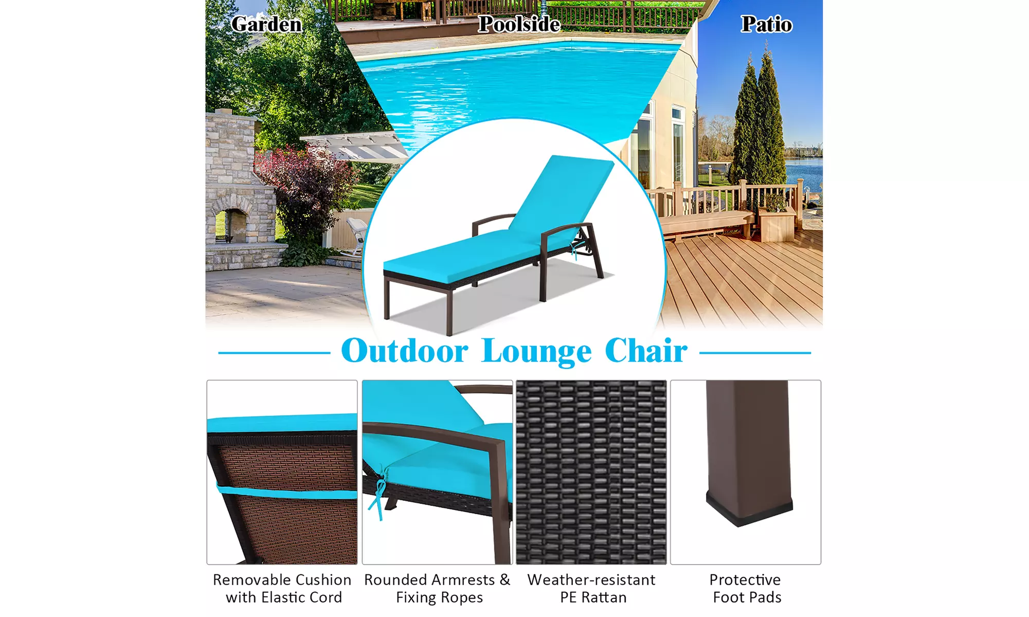 Costway 2PCS Patio Rattan Lounge Chair Chaise Recliner Back Adjustable Cushion