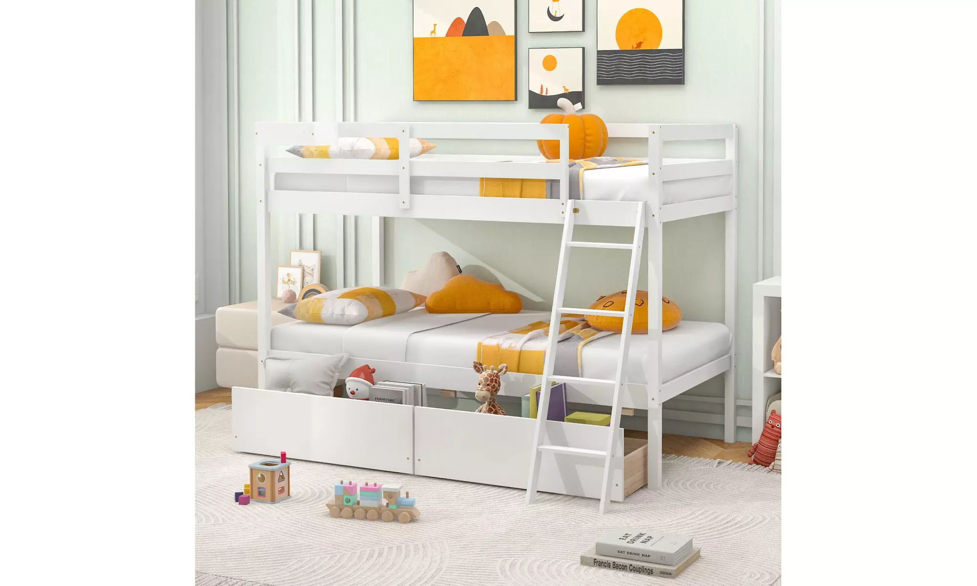 Costway Twin Over Twin Bunk Bed w/ 2 Storage Drawers Ladder No Box Spring Needed