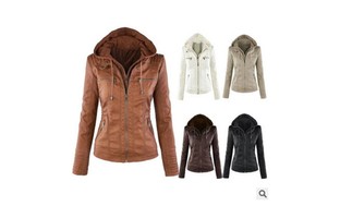 Women's Zip Up Hooded Outerwear PU Leather Jacket