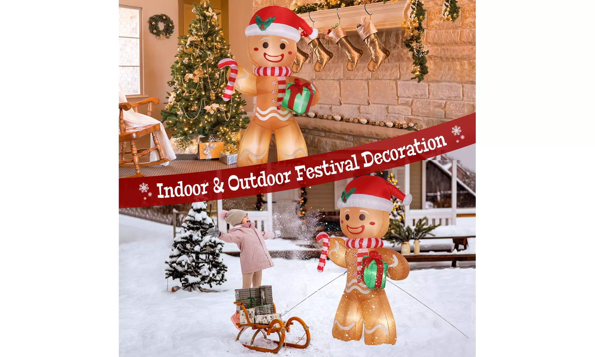 8ft 5 LED Lights Gingerbread Man Holding Gift Garden Gingerbread Man Decoration