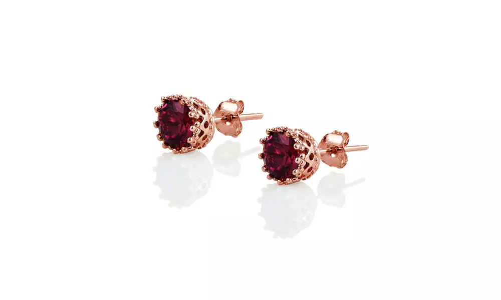 Rose Gold Flashed Sterling Silver Created Ruby Crown Stud Earrings