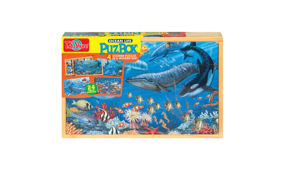 T.S. Shure Ocean Life Large Puzzles in a Wooden Box, 4 Puzzles - Primary Image