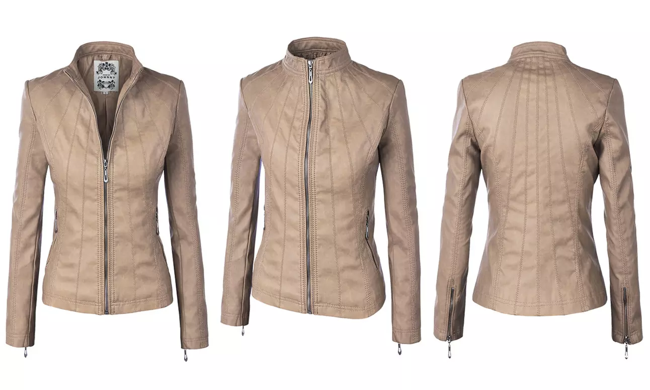 Made By Johnny Womens Faux Leather Zip Up Moto Biker Jacket