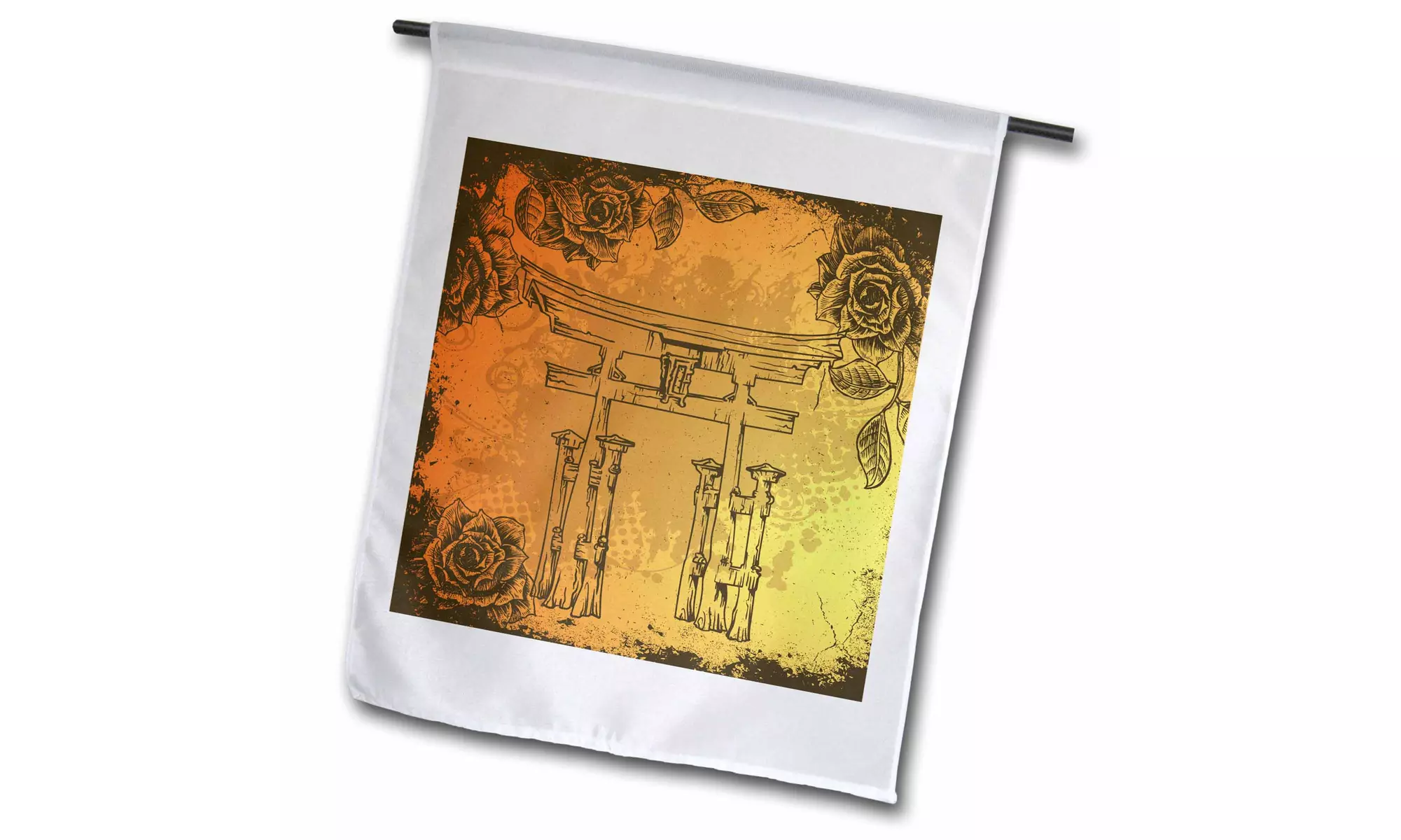  Garden Flag Japanese Style Gate With Vintage Faux Etches Roses Oriental Asian  - Primary Image