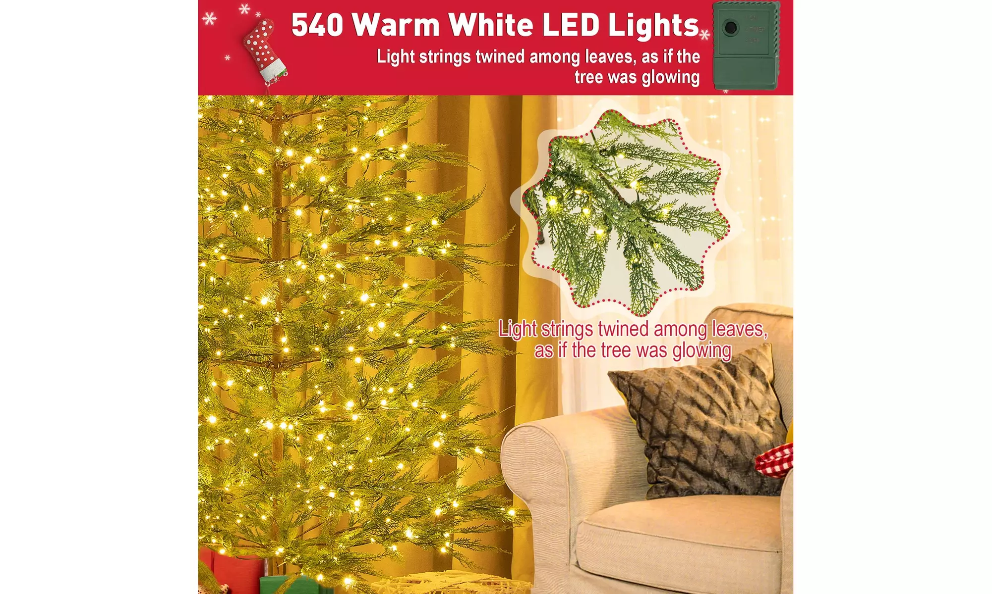 Costway 6.5/7.5 FT Pre-Lit Christmas Tree Hinged w/ Branch Tips Timer Lights