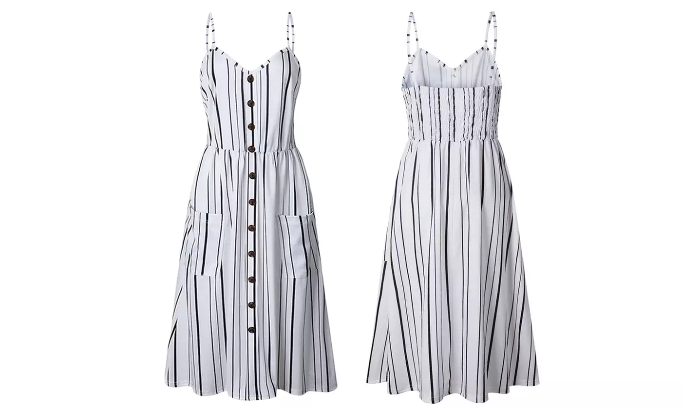 Womens Floral Summer Dress Spaghetti Straps Pocket Sundress Beach Midi Dress