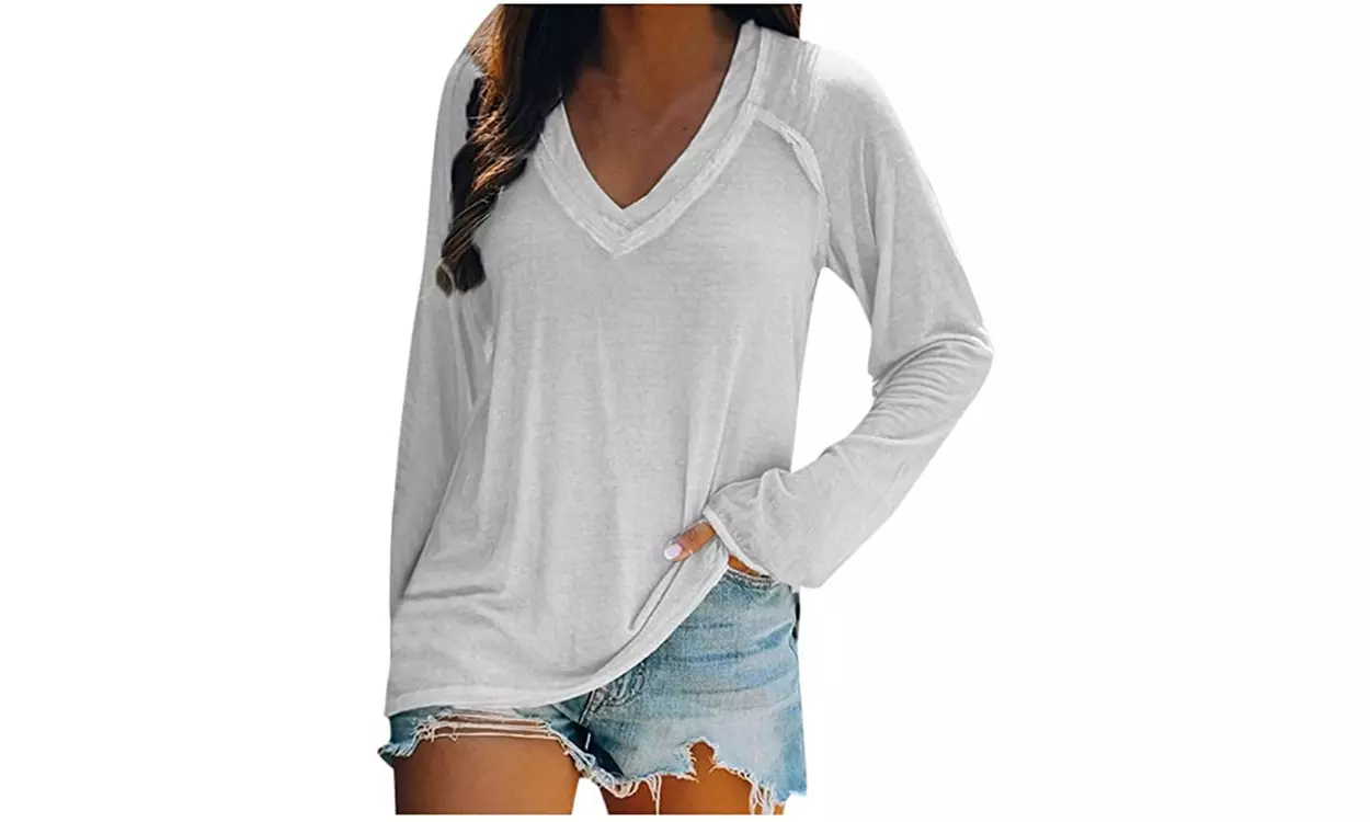 Women's Pure Color Long Sleeve V-Neck Tops Lightweight Pullover T-Shirt - Second Medium