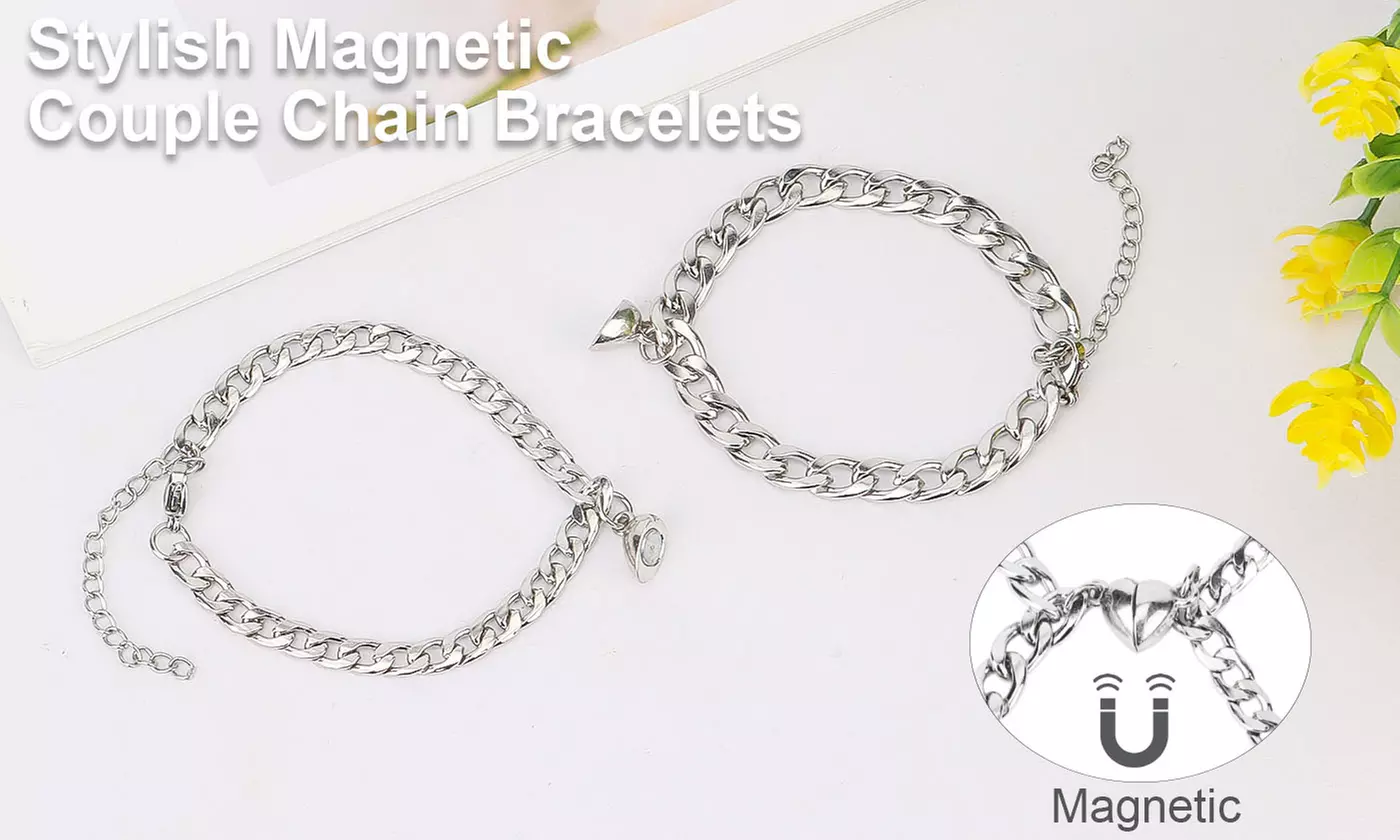 Set of 2 Couple Magnetic Matching Heart Puzzle Link Chain Heart Bracelet Set