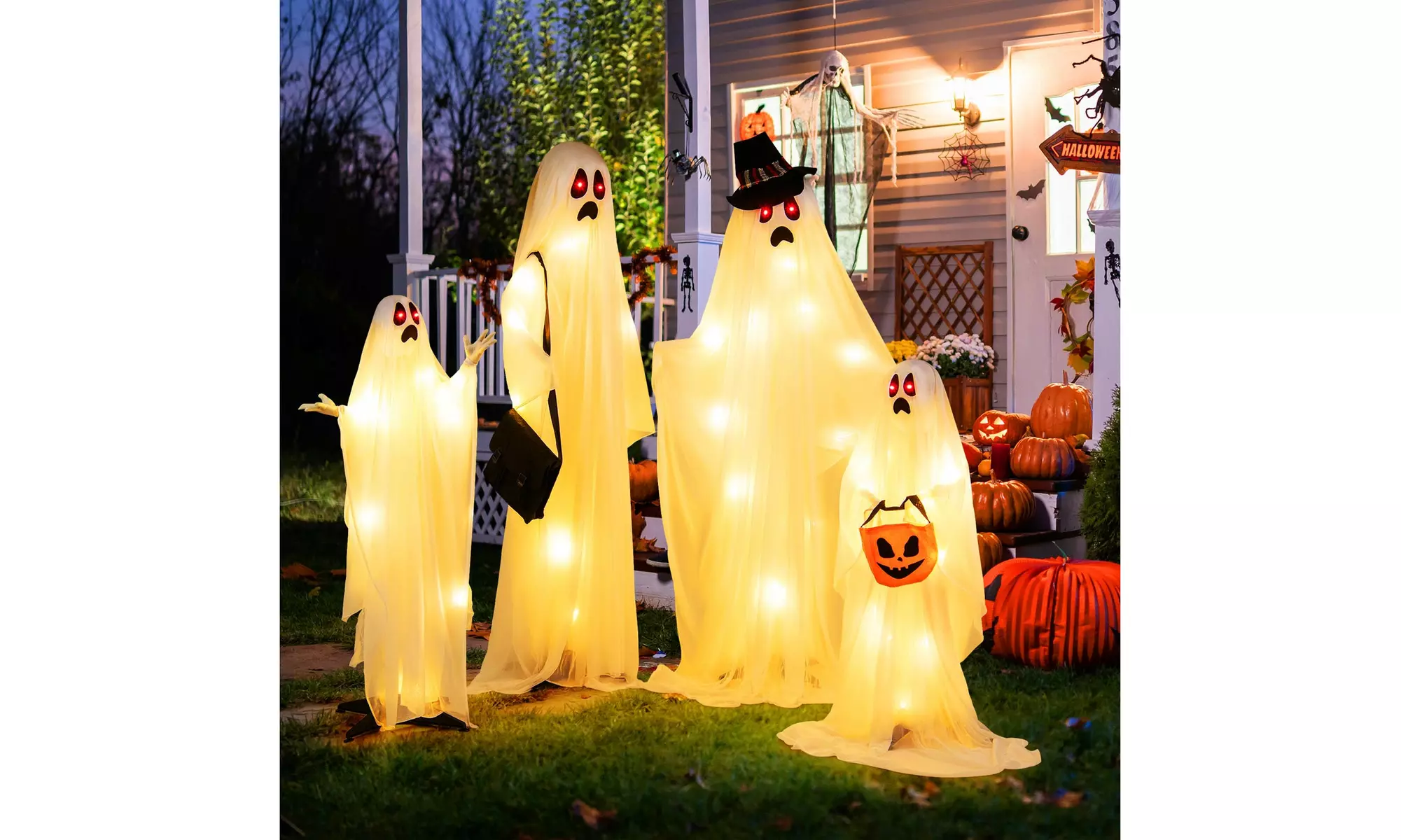 Costway 4 PCS Halloween Light up White Cloth Ghosts Life-size Standing Ghost