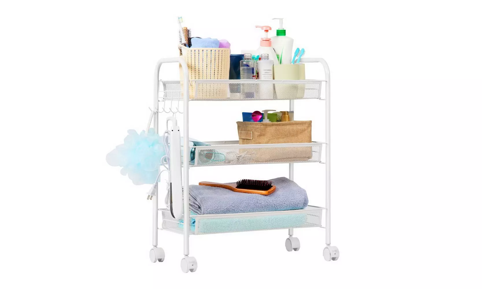 3-Tier Metal Mesh Rolling Storage Cart with Hook - Primary Image