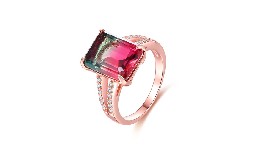 Image 1: Rose Gold Watermelon Tourmaline Emerald Cut Ring