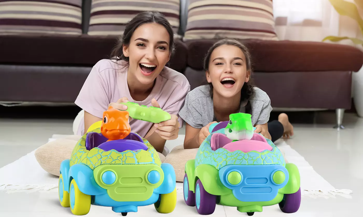 BabyLuv Dinosaur RC Cars with LED Lights & Music Kids Remote Control Car (2pk)