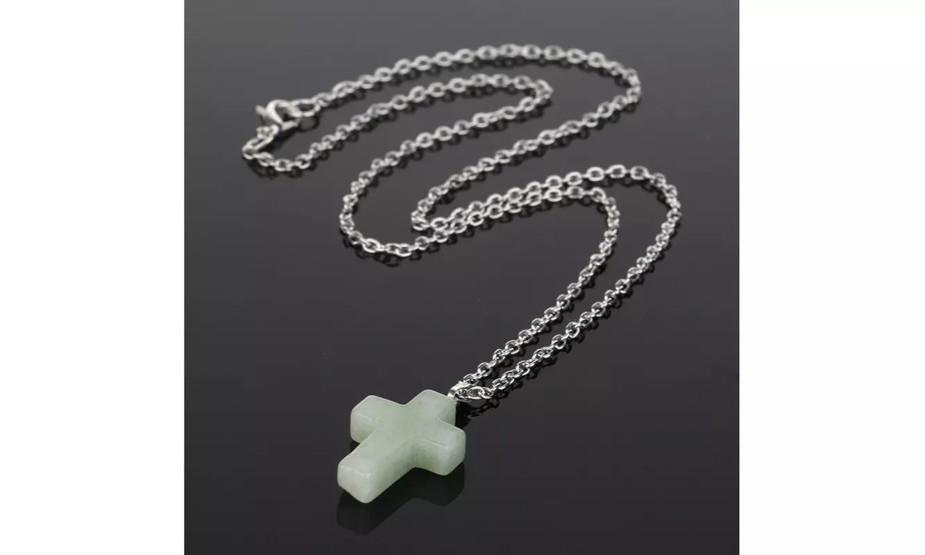 Sterling Silver Plated Created Jade Cross Pendant Necklace - Primary Image