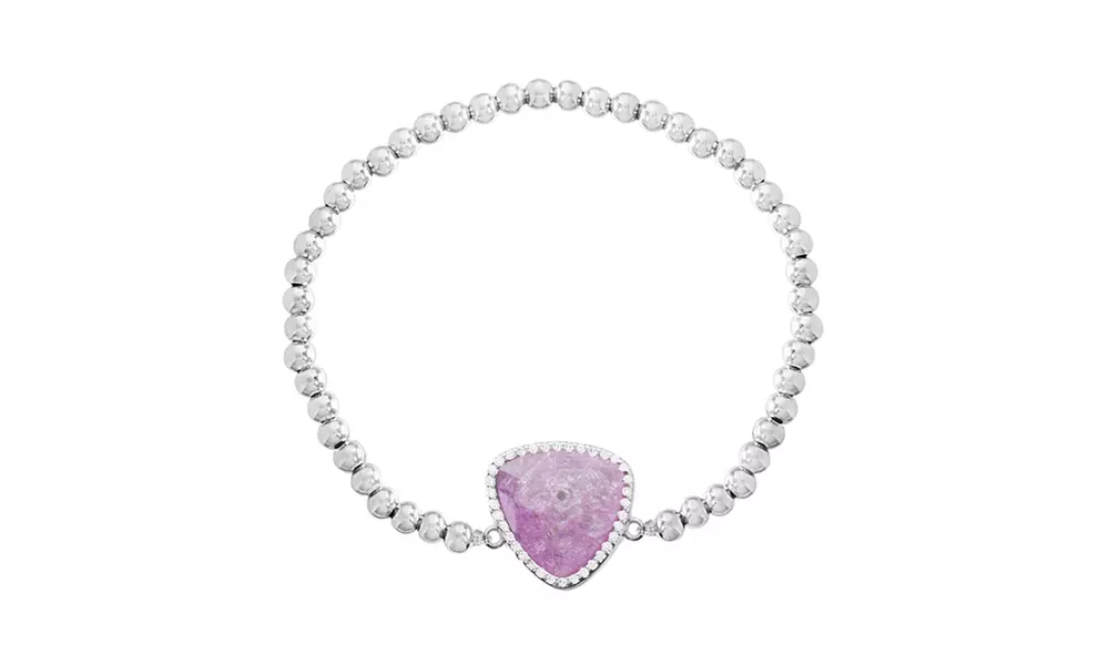 Sterling Silver CZ Crushed Triangle Beaded Stretch Bracelet - Second Medium