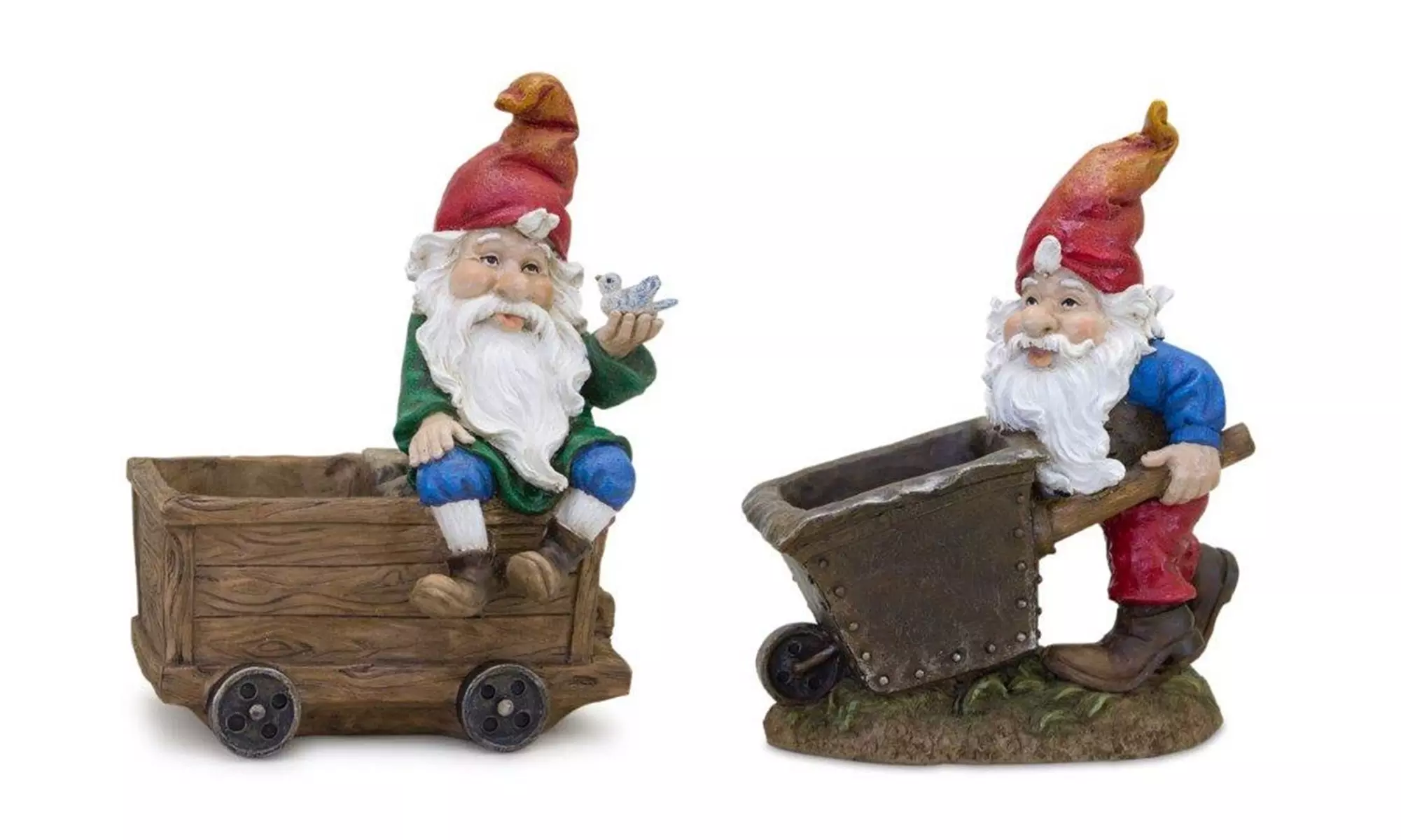 Gnome with Wheelbarrow & Wagon (Set of 2) 7"L x 8.25"H, 6.5"L x 9"H Resin - Primary Image