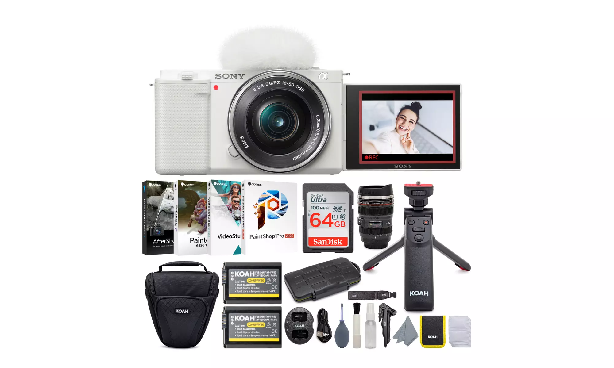 Sony Alpha ZV-E10 APS-C Vlog Camera with Lens (White) Content Creators Bundle - Primary Image
