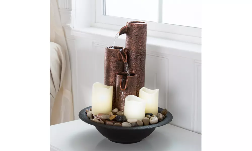 Pure Garden Tiered Column Tabletop Fountain with LED Lights and Candles - Second Medium
