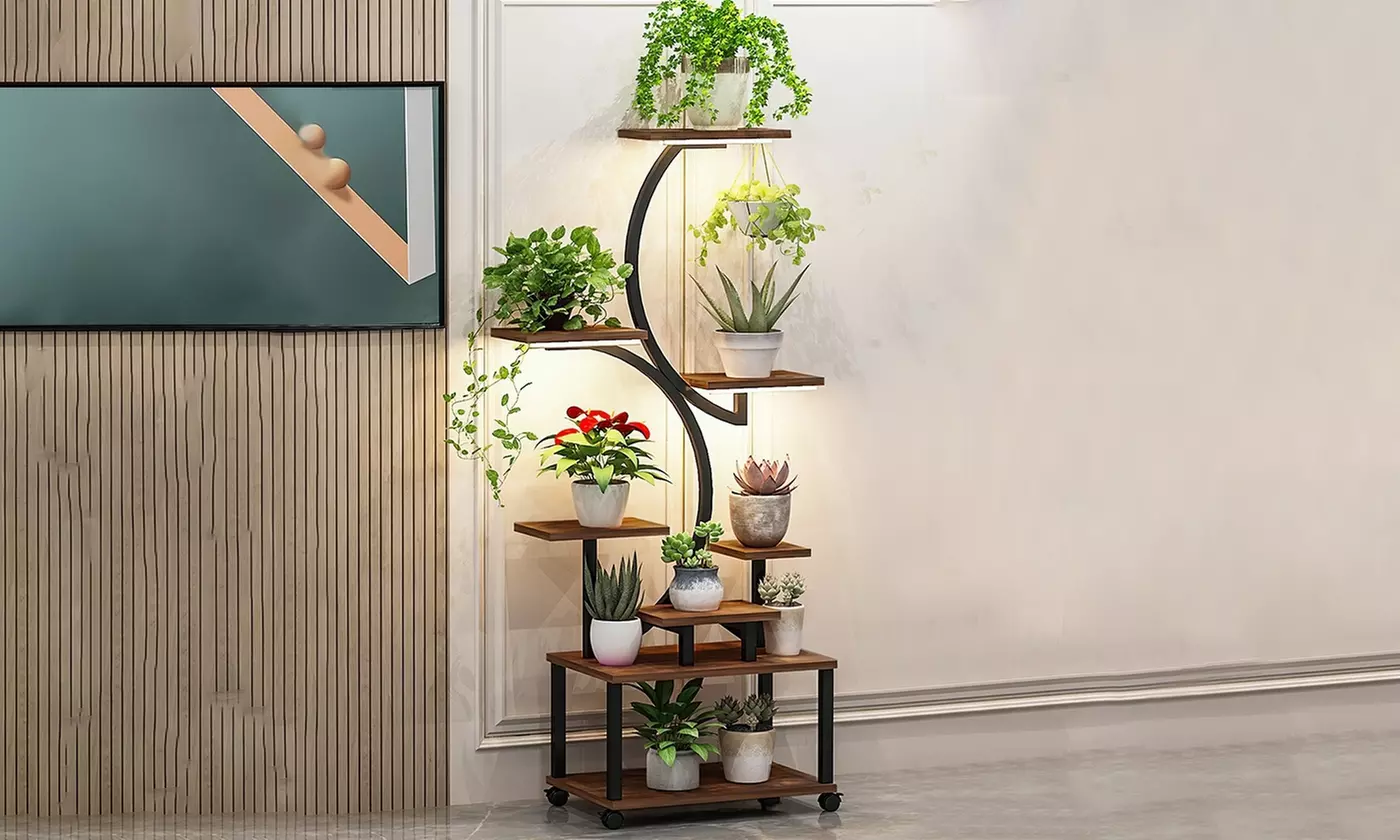 iMounTEK 8-Tier S-Shaped Metal Plant Stand with Grow Lights & Rolling Wheels