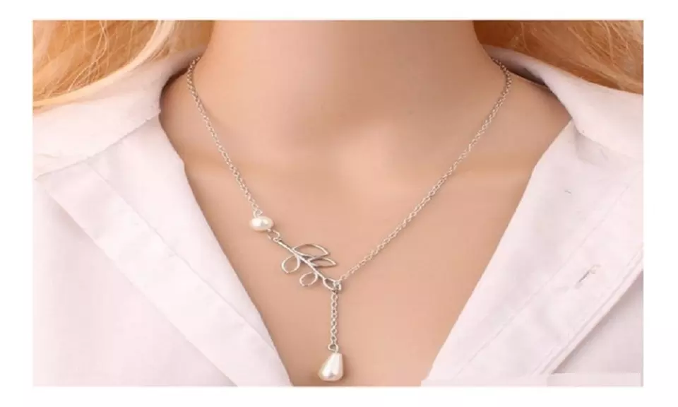 Y Lariat Necklace Sterling Silver Olive Leaf Pearl Drop Pendant Necklace - Second Medium