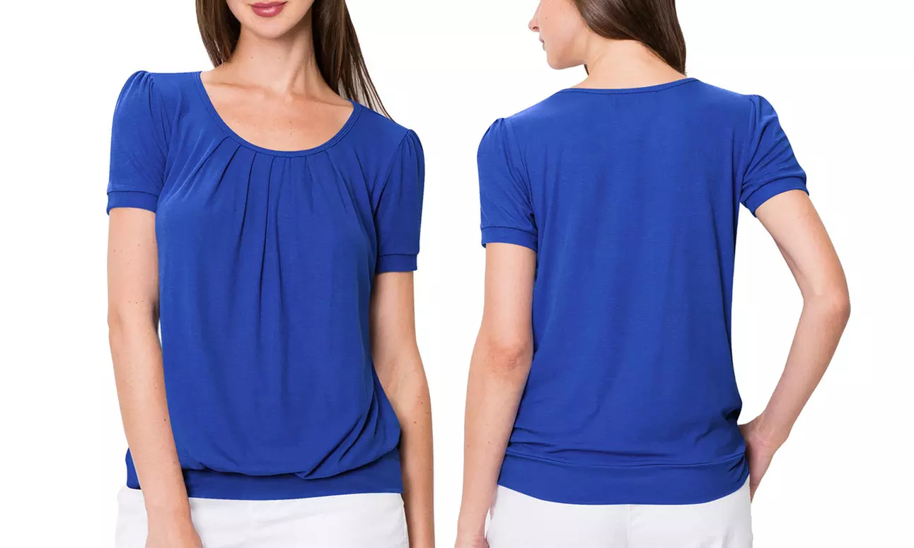 Made by Johnny Women's Scoop Neck Short Sleeve Front Pleated Blouse