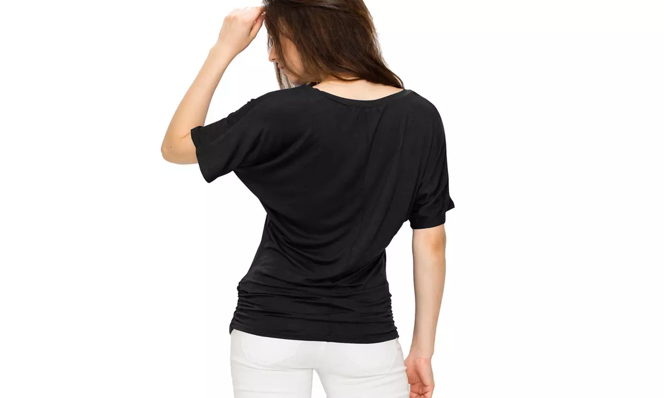 Made by Johnny Womens Solid Short Sleeve V-Neck Dolman Top with Side Shirring