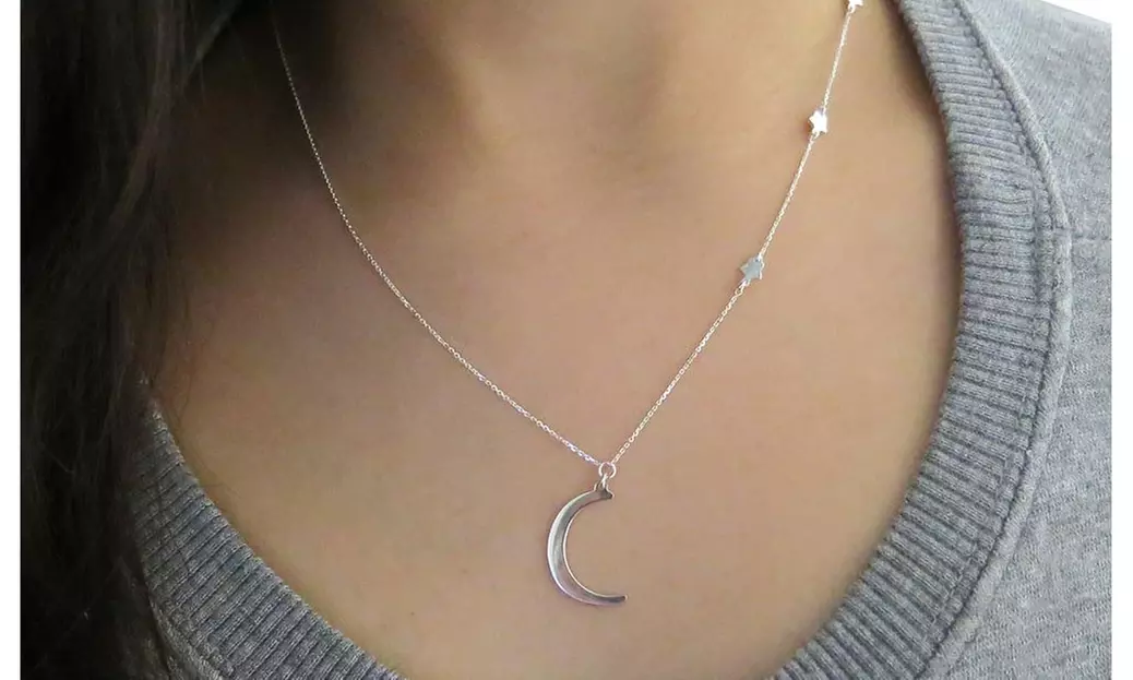 Italian Sterling Silver Crescent Moon and Star Station Necklace