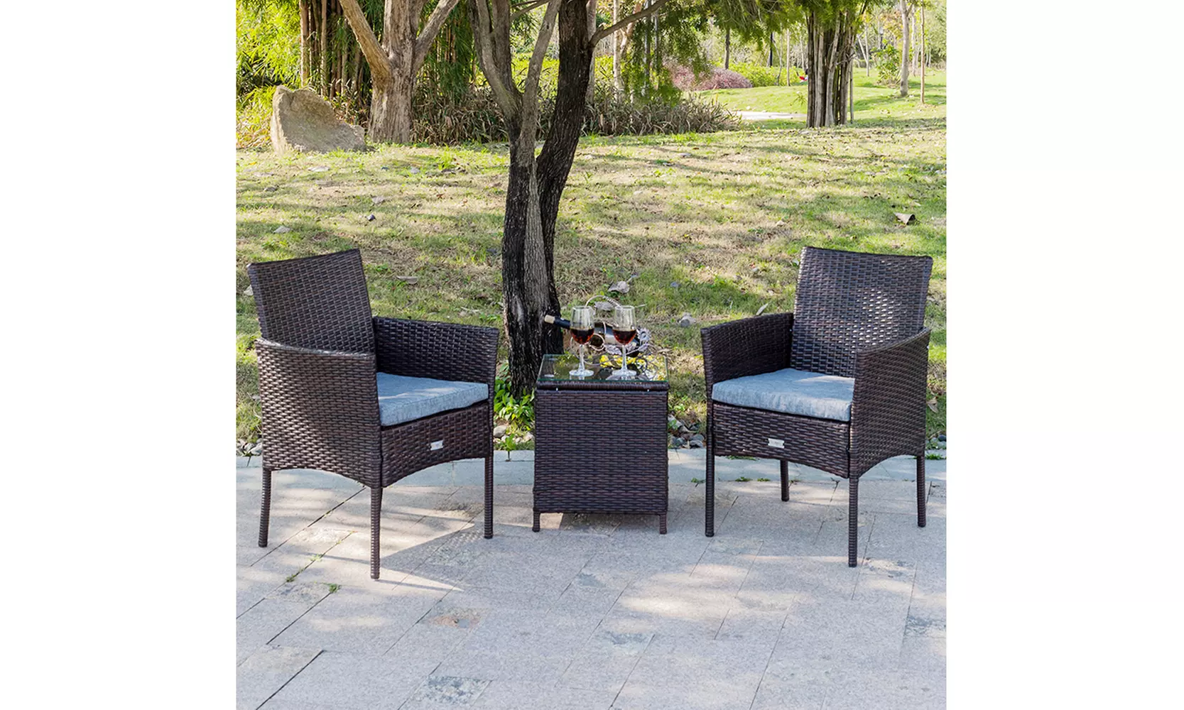 Outdoor Patio Chat Set 3-Piece Wicker Chairs and Rattan Table, Brown - Second Medium