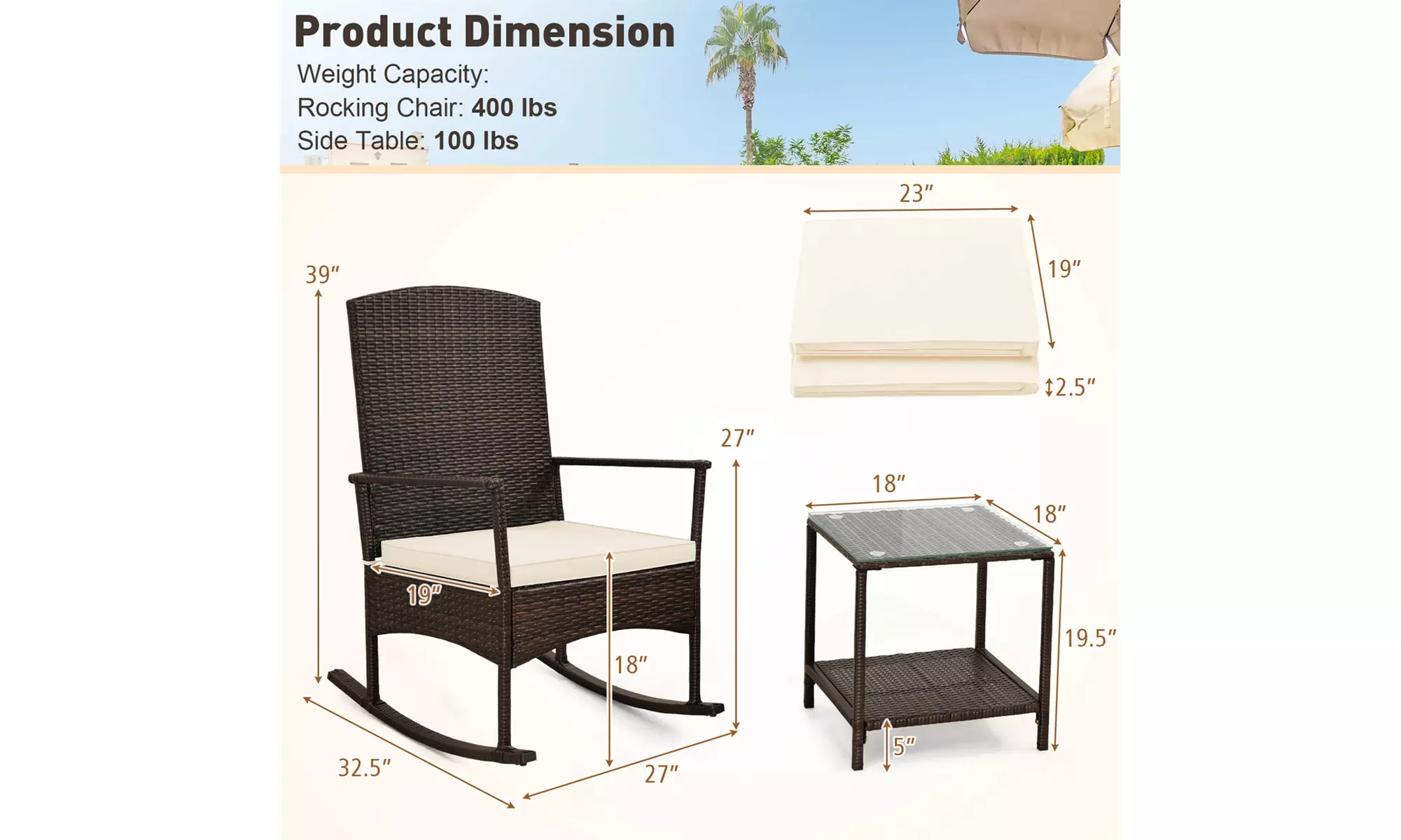 Costway 3 Piece Wicker Patio Set With Rocking Chairs & 2-Tier Coffee Table