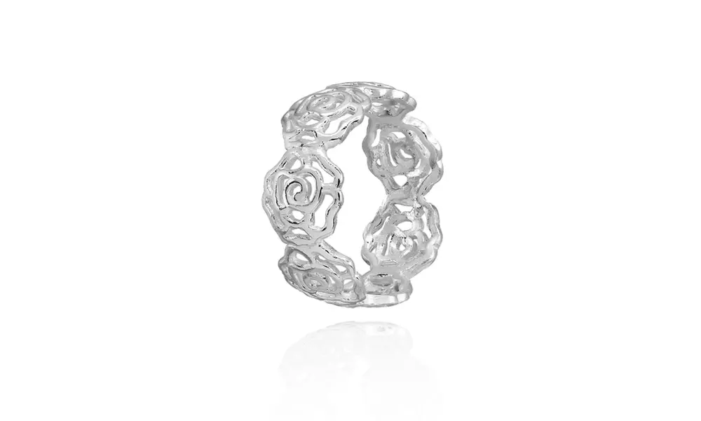 Sterling Silver High Polished Filigree Rose Flower Band Ring, Size 5