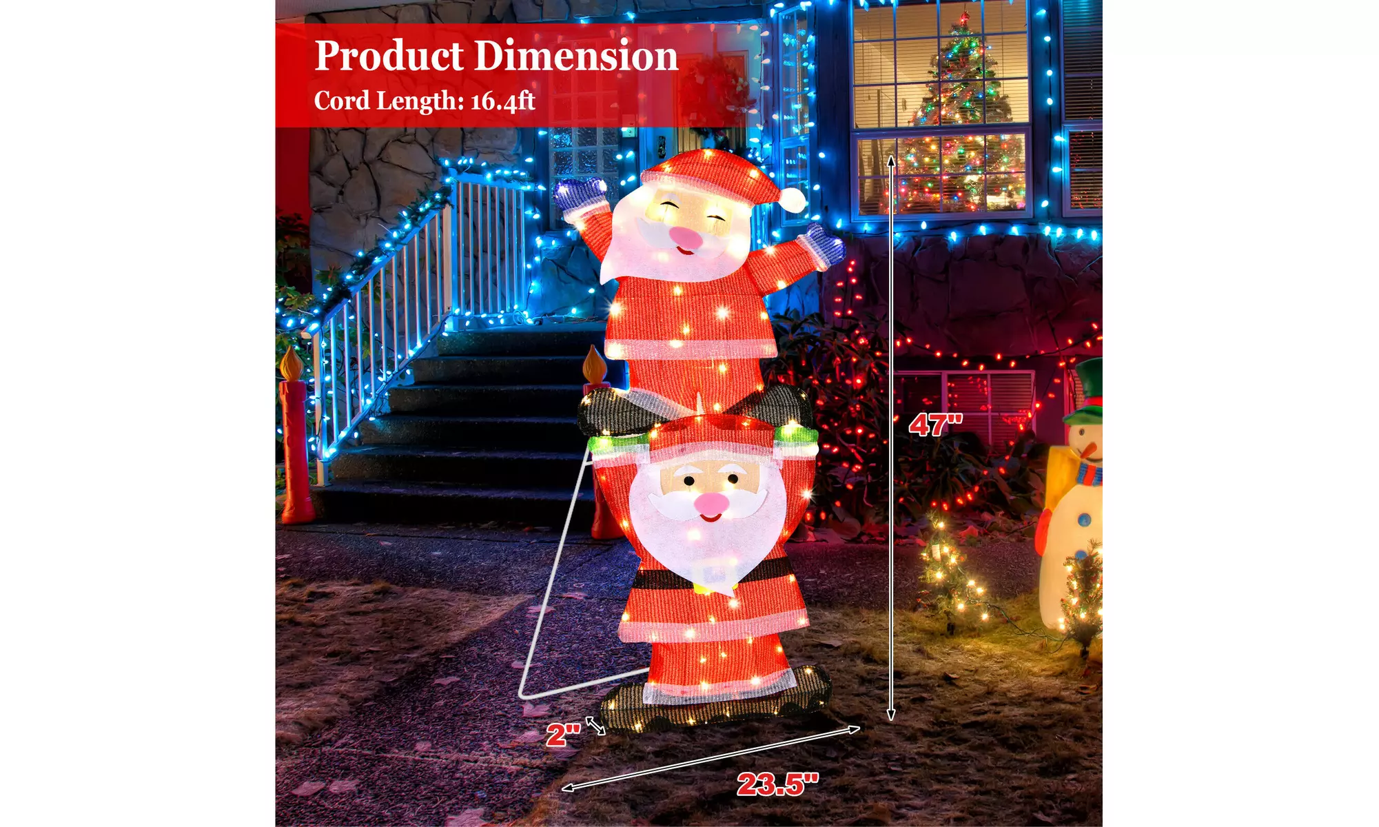 LED Double Santa Yard Sign Santa Christmas Decoration W/ String Lights & Stakes