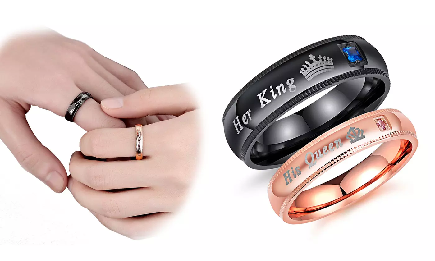 Couple's Matching Ring Band His Queen and Her King Wedding Band Comfort Fit Ring - Primary Image