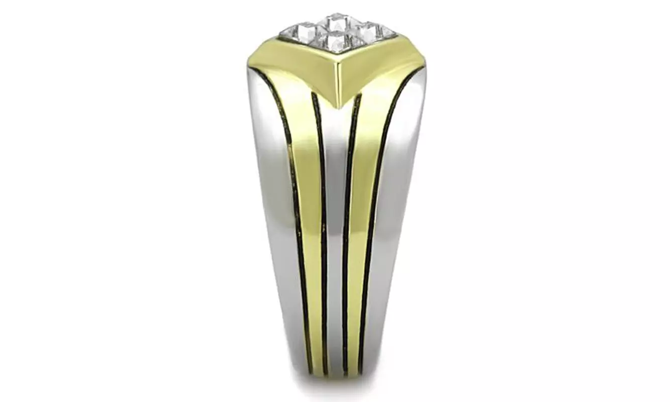 Men's Stainless Steel 316 Cushion Cut Flush Setting Crystal Two Toned Ring  - Second Medium