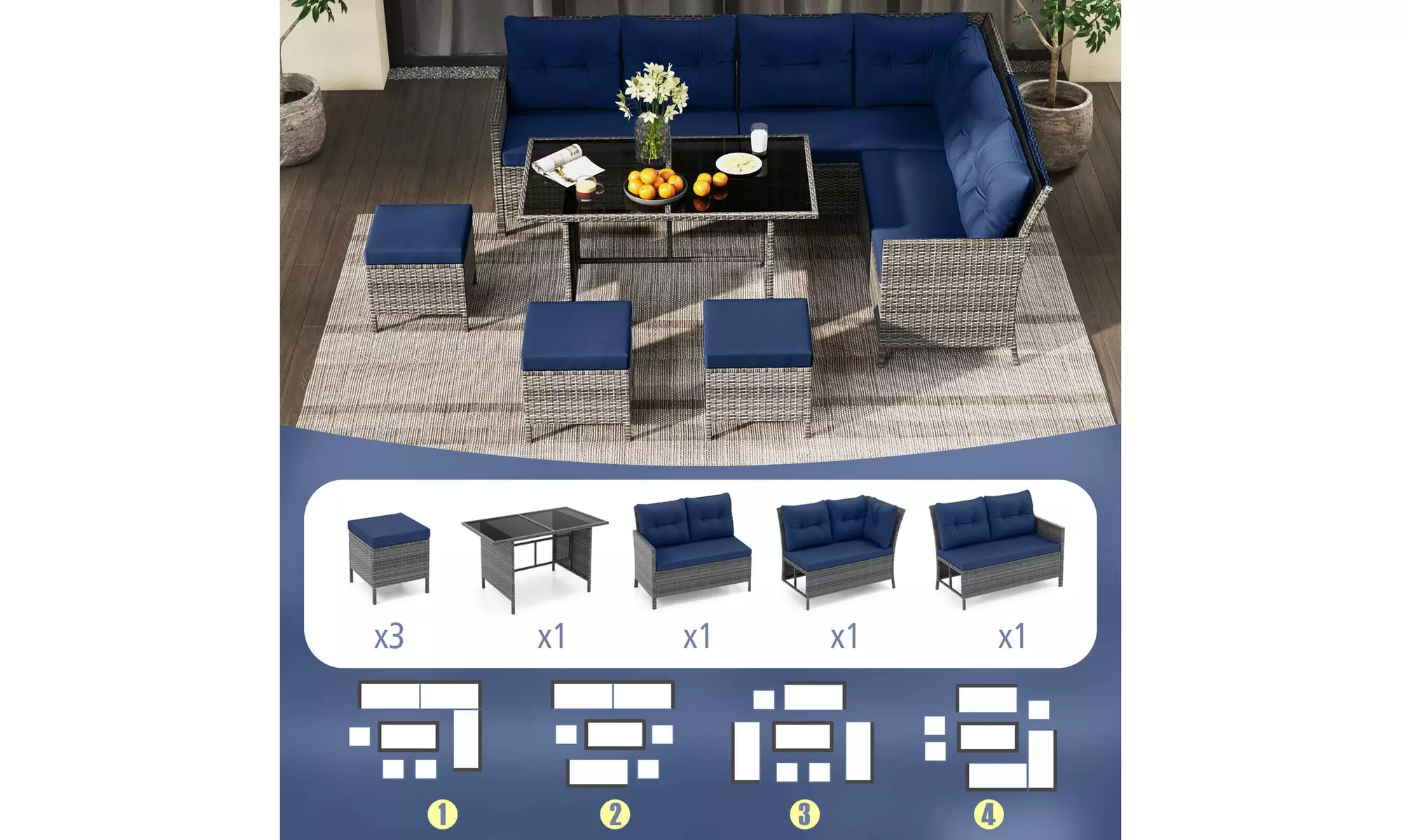 Costway 7-Piece PE Rattan Patio Dining and Sectional Sofa Set
