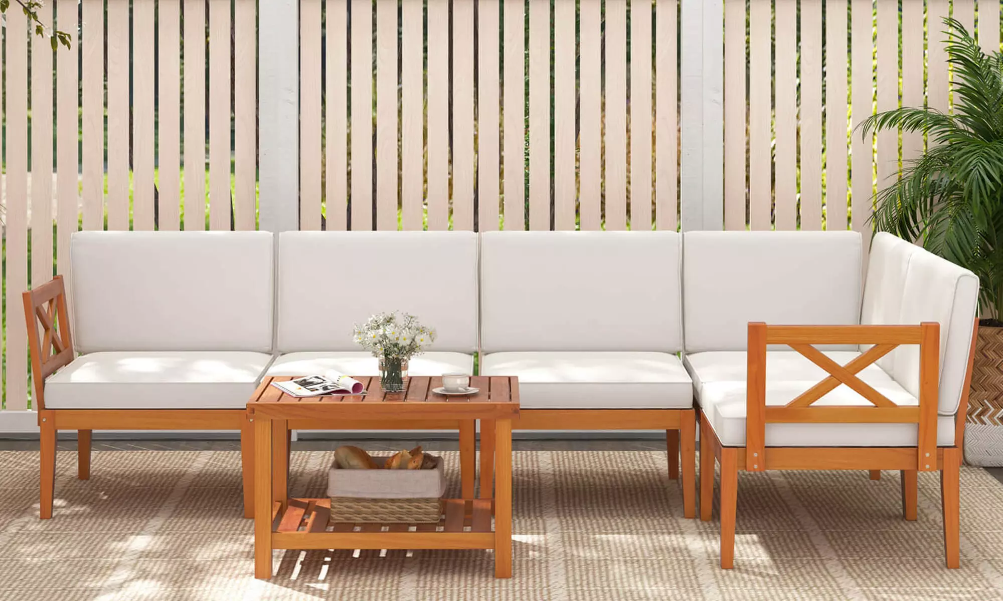 Costway Acacia Wood Patio Furniture Set with Cushions and 2-Tier Coffee Table - Primary Image