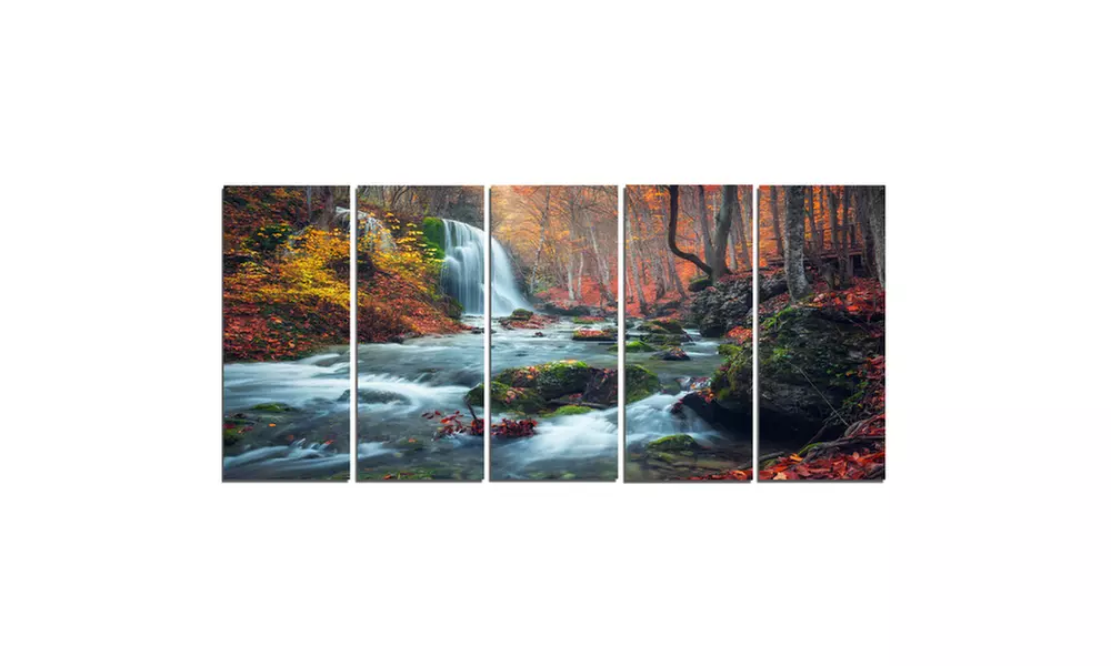 Autumn Mountain Waterfall Long View - LandscapePhoto 5 Panel Metal Wall Art - Second Medium
