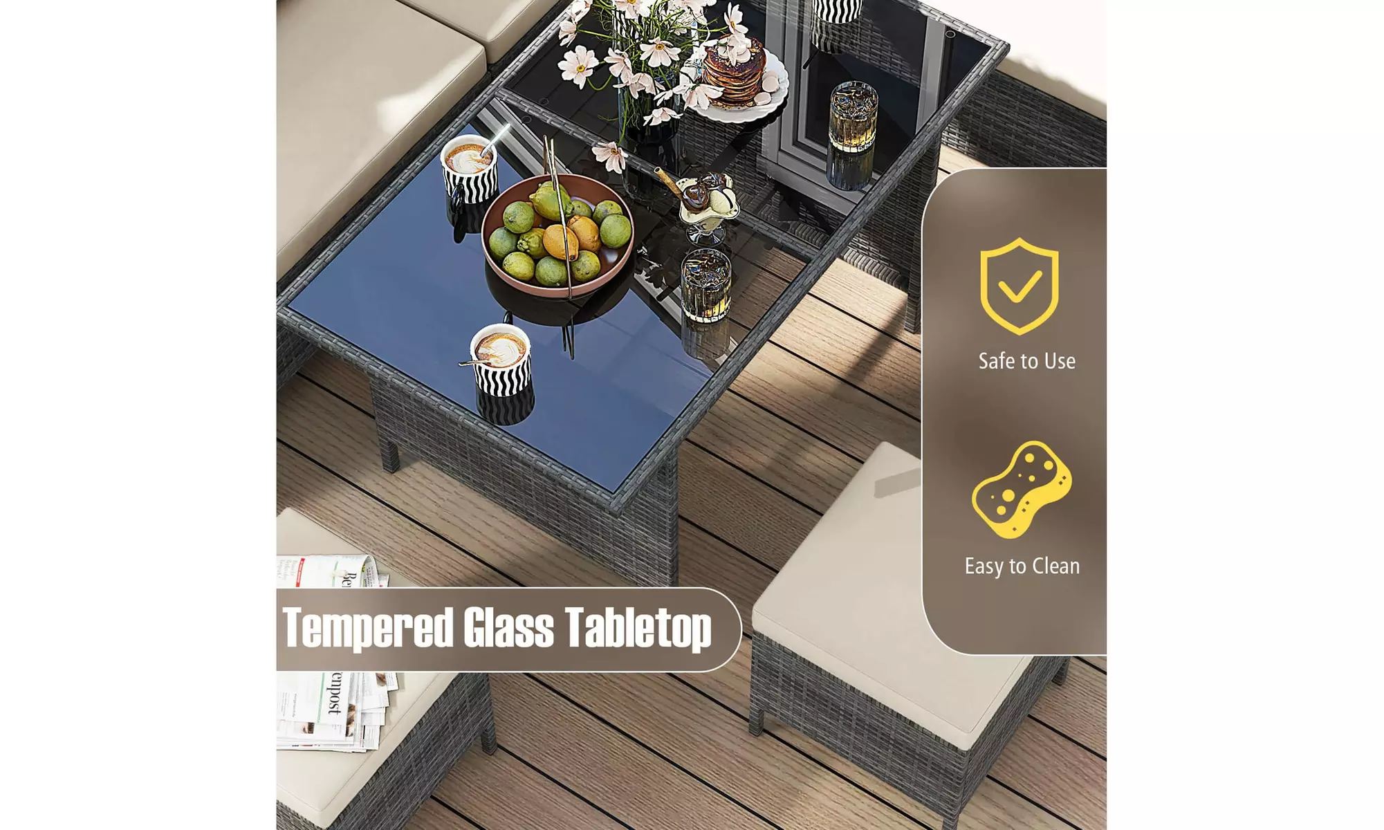Costway 7-Piece PE Rattan Patio Dining and Sectional Sofa Set