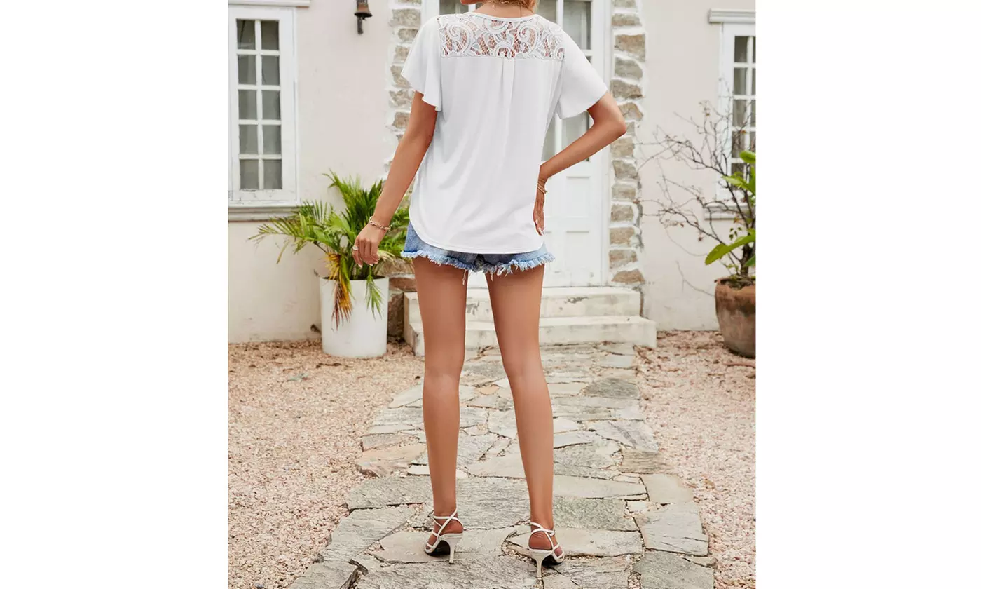 Women Short Sleeve Lace Shirts Summer Blouses Tunic Tops