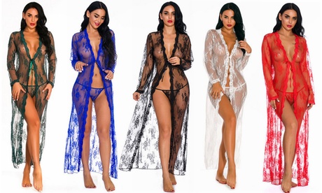 Women'sunderwear Sexy Long Lace Dress Perspective Dress Perspective Kimono Robe 2X White One Size