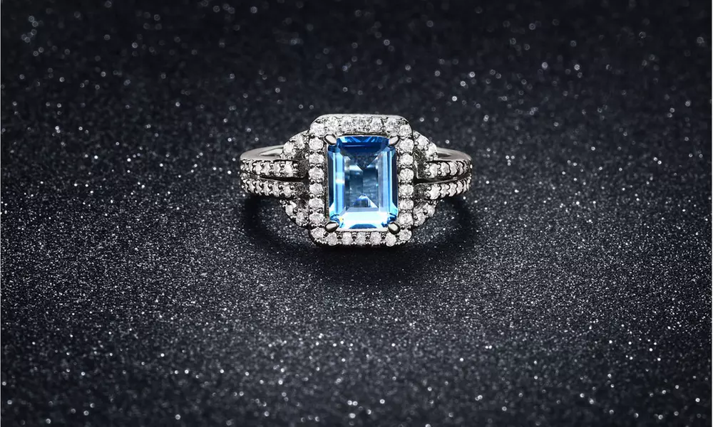 3.00 CTTW Blue Emerald Cut Cubic Zirconia Halo Ring