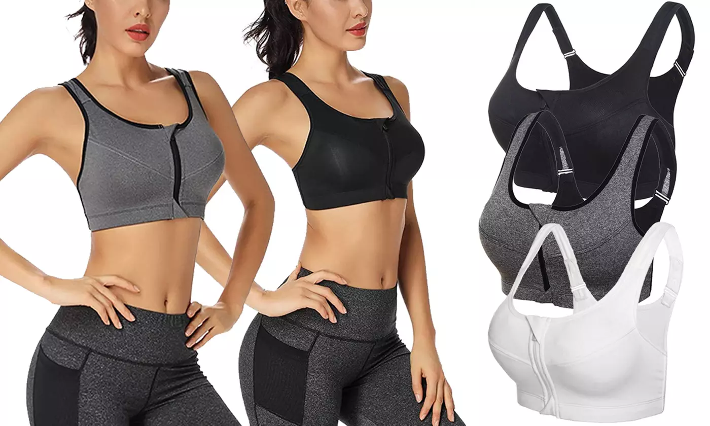 3-Pack Women Zip Up Racerback Sports Bra Padded Workout Yoga Bras Activewear - Primary Image