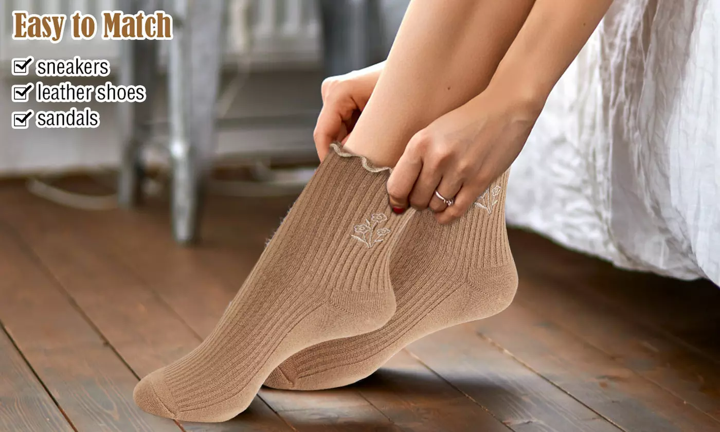 Womens Breathable Cotton Knit Ruffle Turn-Cuff Casual Ankle Socks(5 Packs)