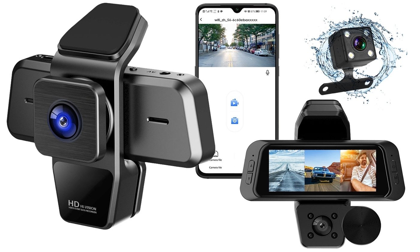 iMounTEK 1080P 3-Channel Dash Cam Front Inside Rear Car Camera with DVR and WiFi