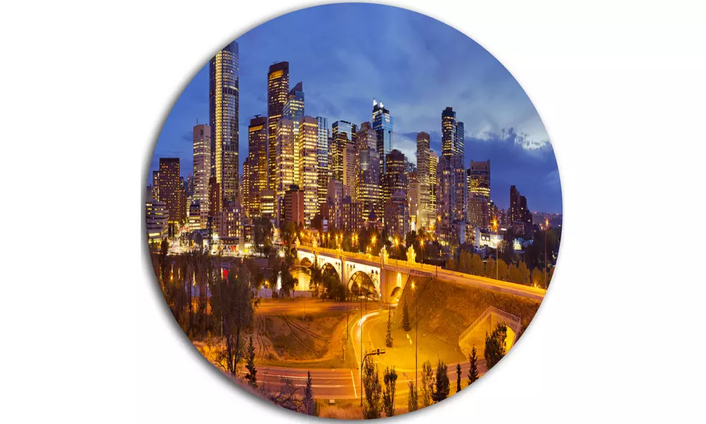 Skyline of Calgary at Night Panorama' Cityscape Metal Circle Wall Art - Second Medium