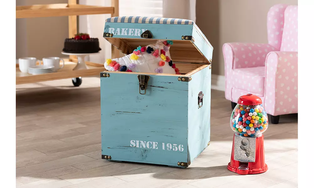 Caye Vintage Striped Fabric Upholstered Light Blue Wood Storage Trunk Ottoman - Primary Image