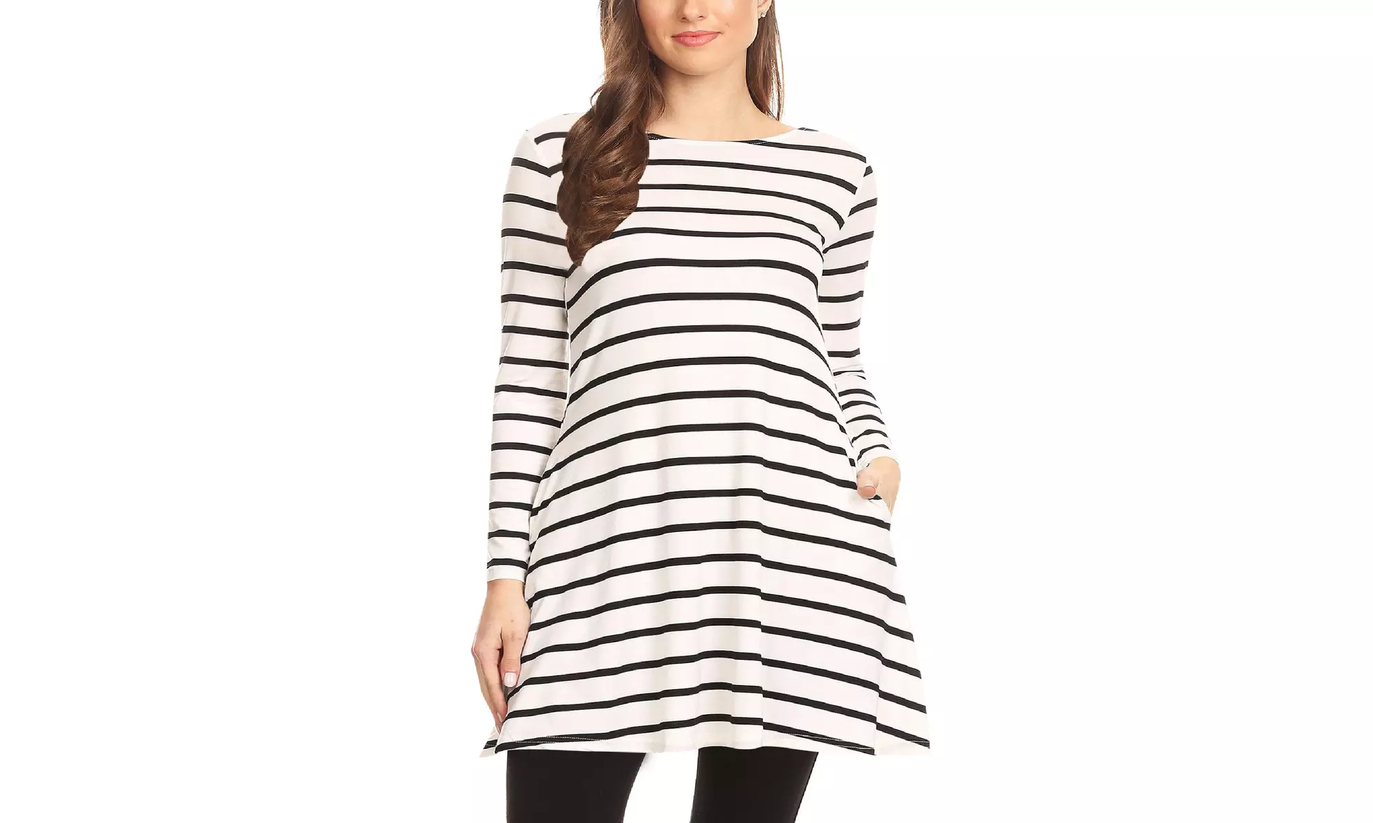 Striped A-Line Pockets Long Sleeves Relaxed Fit Dress Tee Top