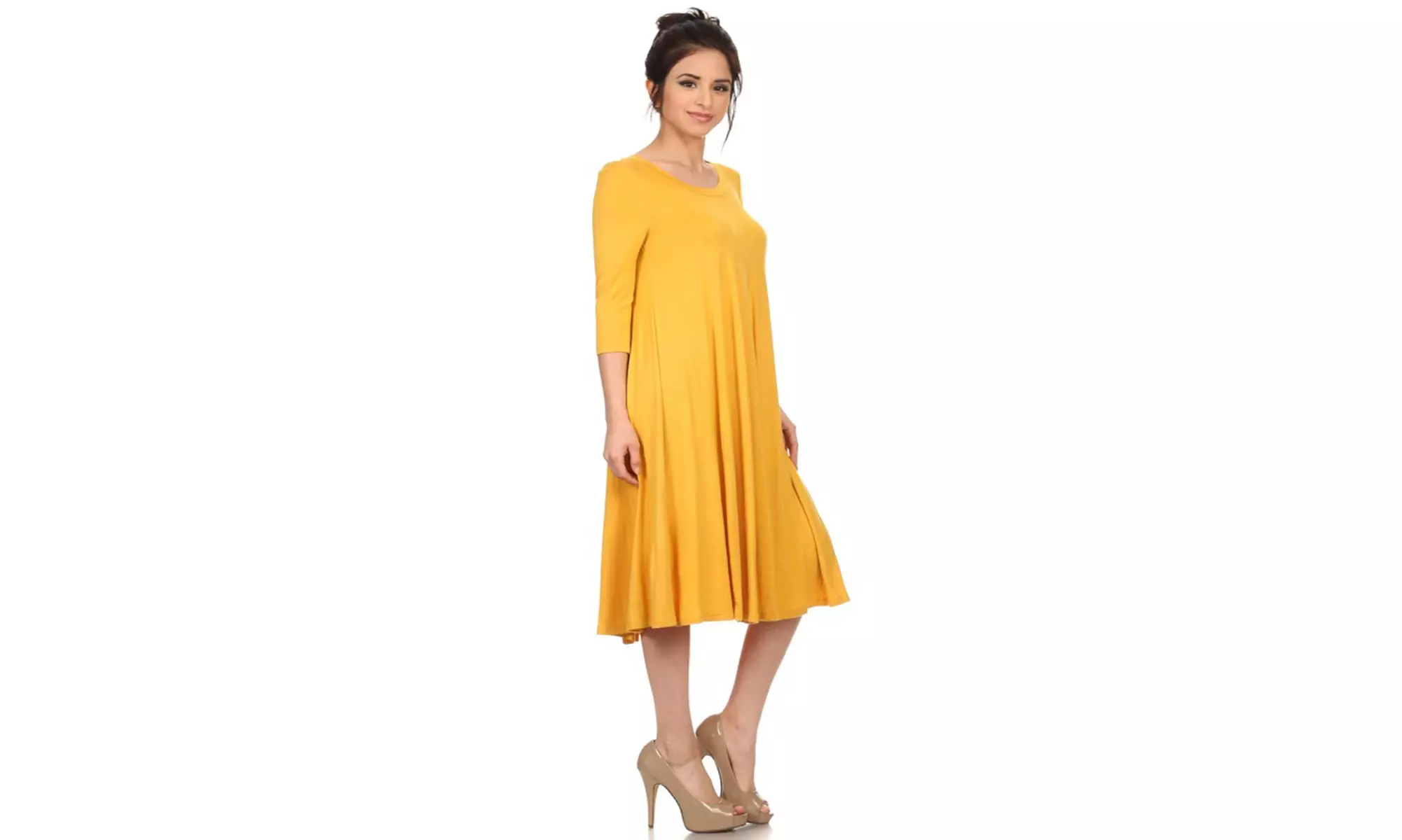 Women's Solid Casual Comfy 3/4 Sleeve Loose Fit A-line Midi Dress