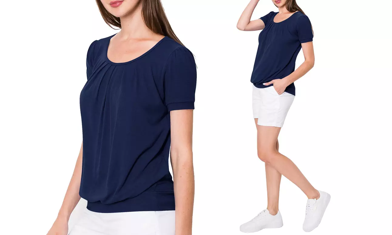 Made by Johnny Women's Scoop Neck Short Sleeve Front Pleated Blouse