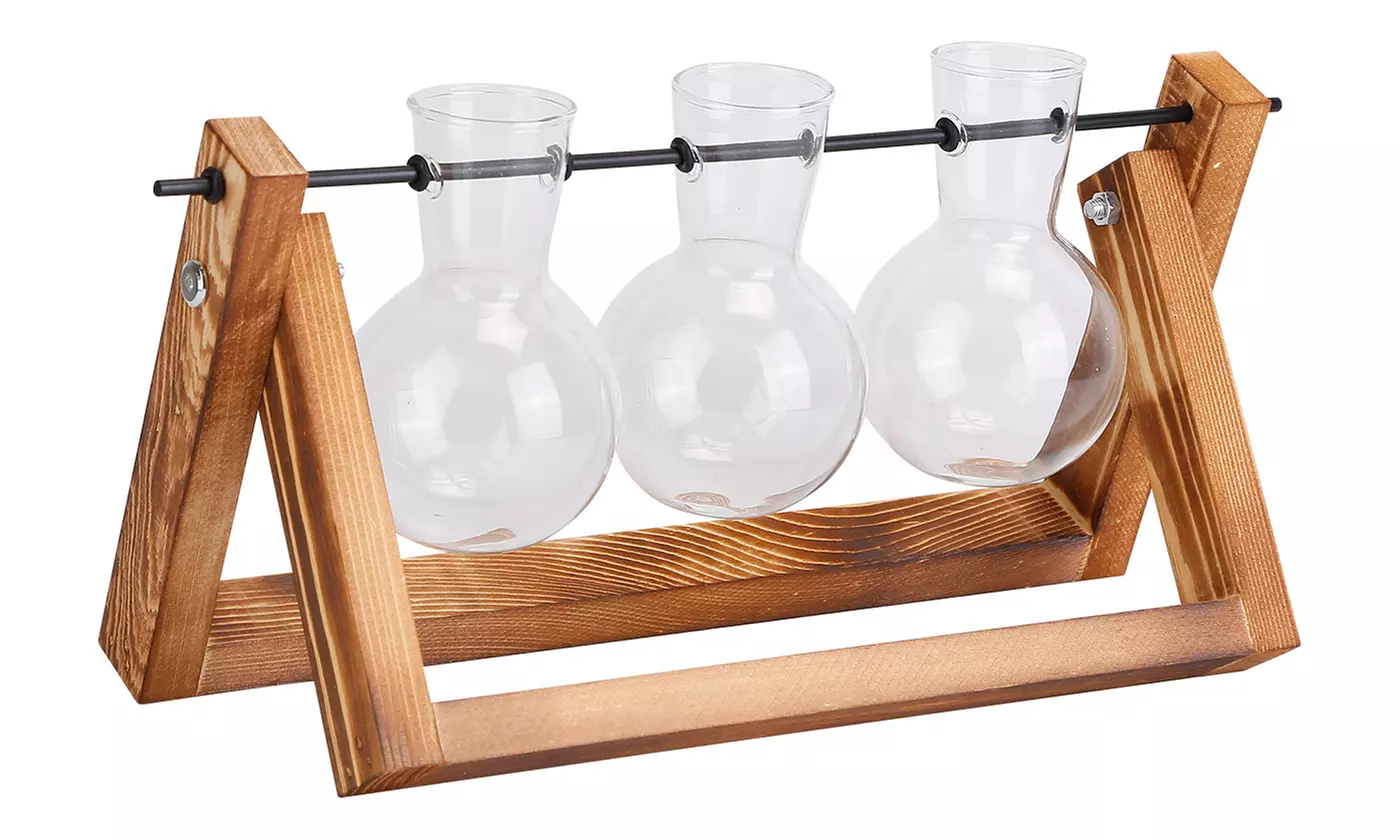 iMounTEK Glass Bulb Terrarium Propagation Station with 3 Vases and Wood Stand